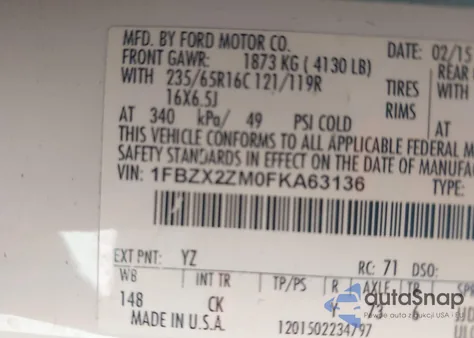 2015 Ford Transit-350 Xlt z USA, uszkodzony, nr VIN 1FBZX2ZM0FKA63136